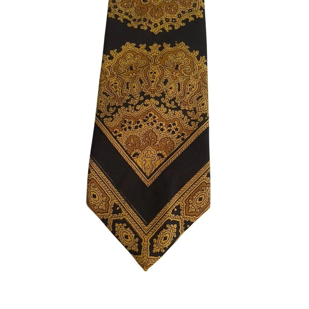 Vintage The Broadway by Di Mario Silk Tie Ornate Gold Black Italian Foulard